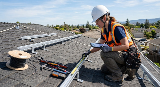 A technician on a roof taking measurements for a solar panel installation