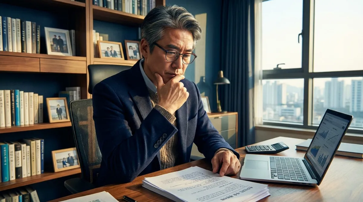 50대 한국인 남성이 보험 서류를 꼼꼼히 검토하며 생각에 잠긴 모습, 현대적인 홈 오피스 배경