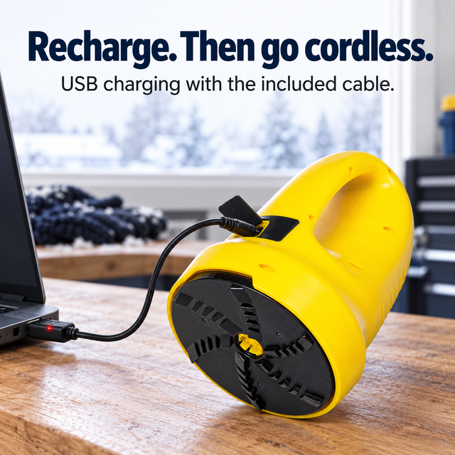 Yellow electric ice scraper connected to its USB charging cable