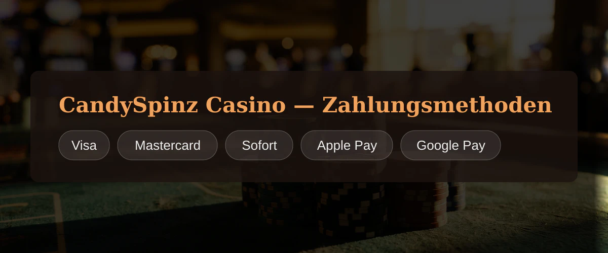 CandySpinz Casino — Zahlungsmethoden: Visa, Mastercard, Sofort, Apple Pay, Google Pay