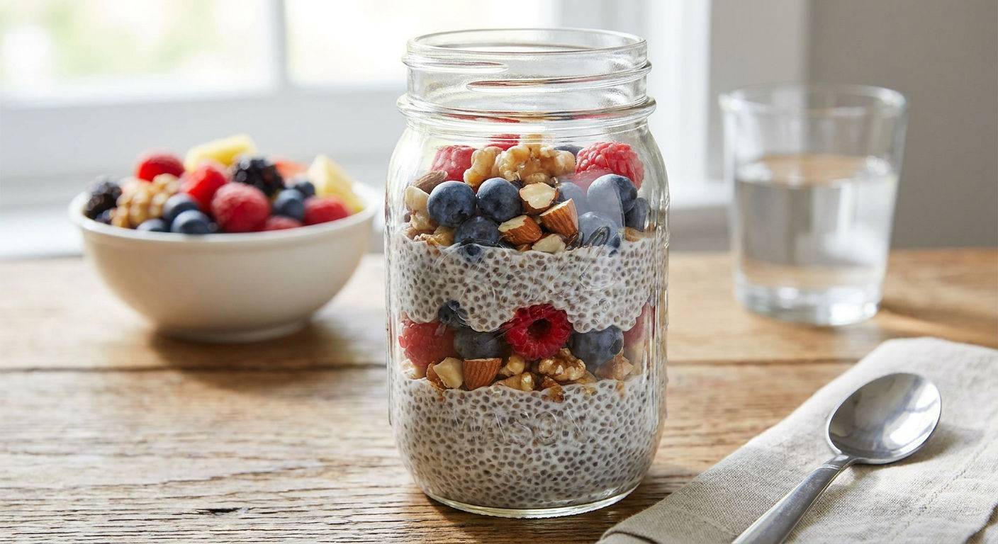 Pudding chia ze swiezymi owocami i orzechami.