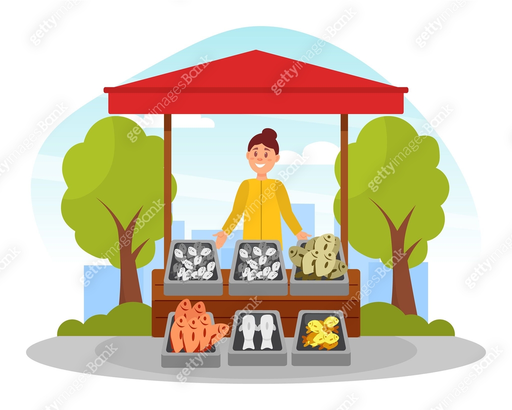 Cheerful woman selling fresh seafood at wooden market stall. Outdoor food market