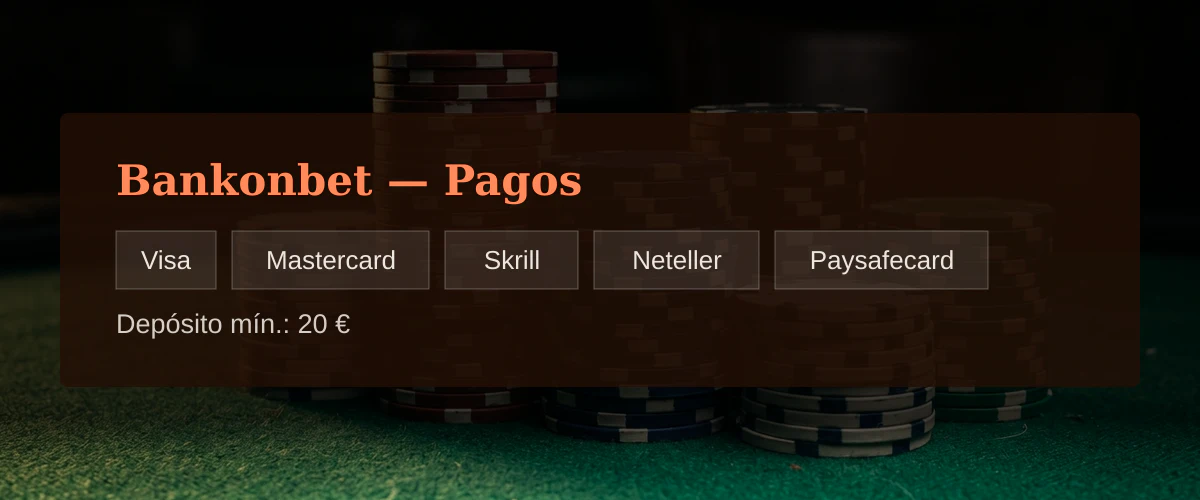 Bankonbet — Pagos: Visa, Mastercard, Skrill, Neteller, Paysafecard Bankonbet — Pagos: Visa, Mastercard, Skrill, Neteller, Paysafecard