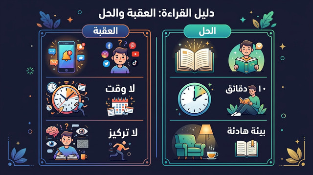 عوائق عادة القراءة اليومية وحلولها العملية — من الهاتف وضيق الوقت إلى ضعف التركيز وحلول فورية