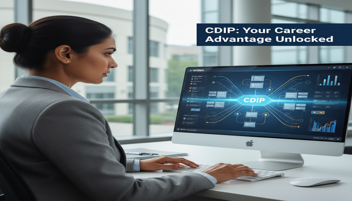 CDIP: Your Career Advantage Unlocked A focused healthcare professional strategically preparing for the CDIP certification exam on a tablet, with subtle visual cues representing career growth and unlocked opportunities in clinical documentation integrity.