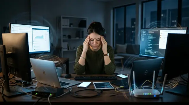 Person holding temples in discomfort surrounded by glowing electronic devices at desk