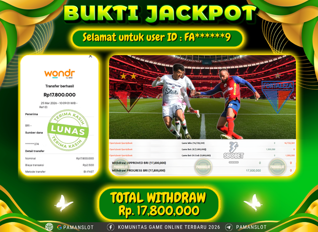 Selamat kepada Member PAMANSLOT Game SBO - Soccer Sportsbook : FA*****9