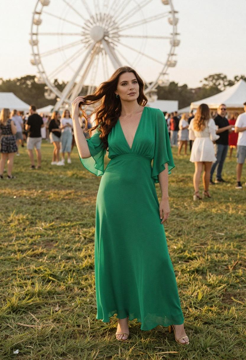 Flowing emerald green chiffon maxi dress with gold sandals for bachelorette