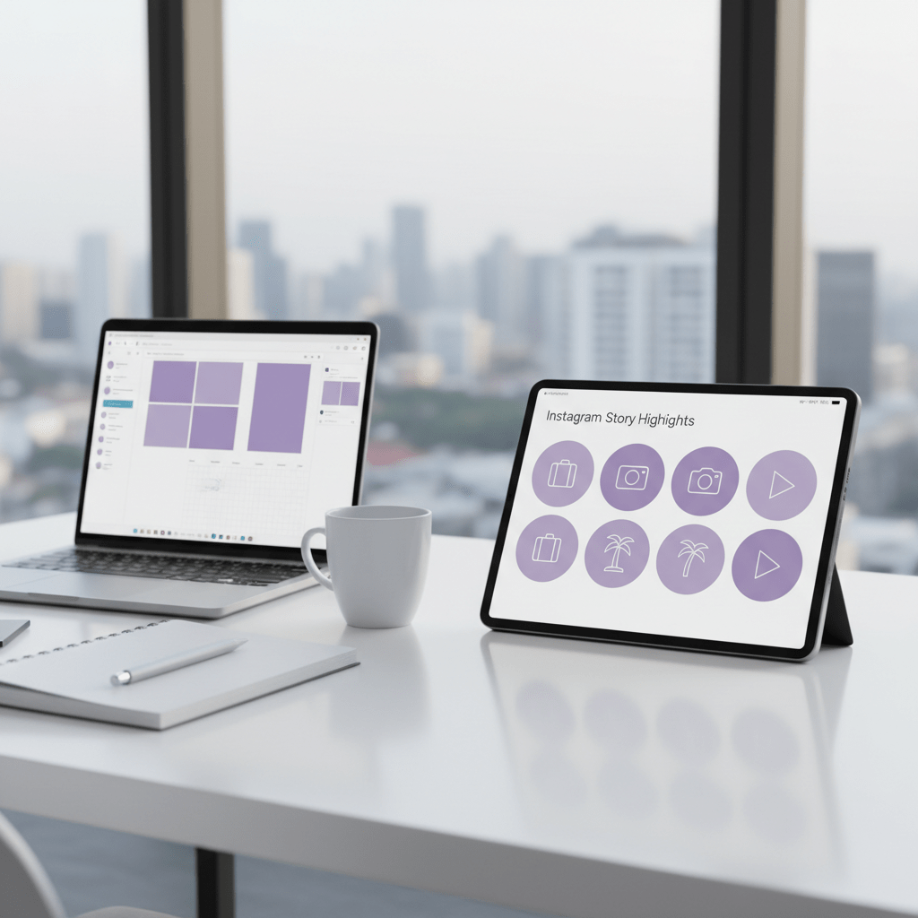 Branded Story highlight covers and Canva templates on a tablet