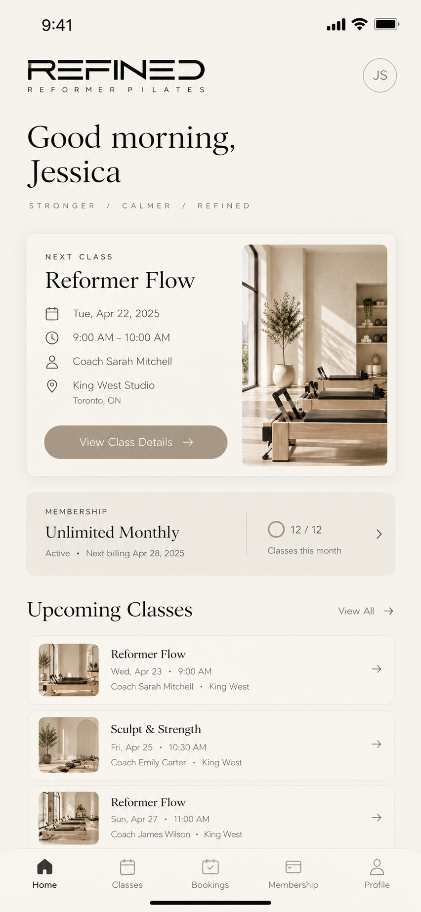 Home screen with next class and quick actions