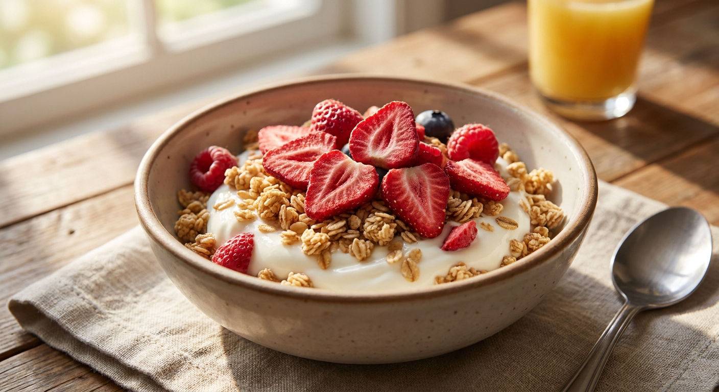Miska z granola i truskawkami liofilizowanymi.