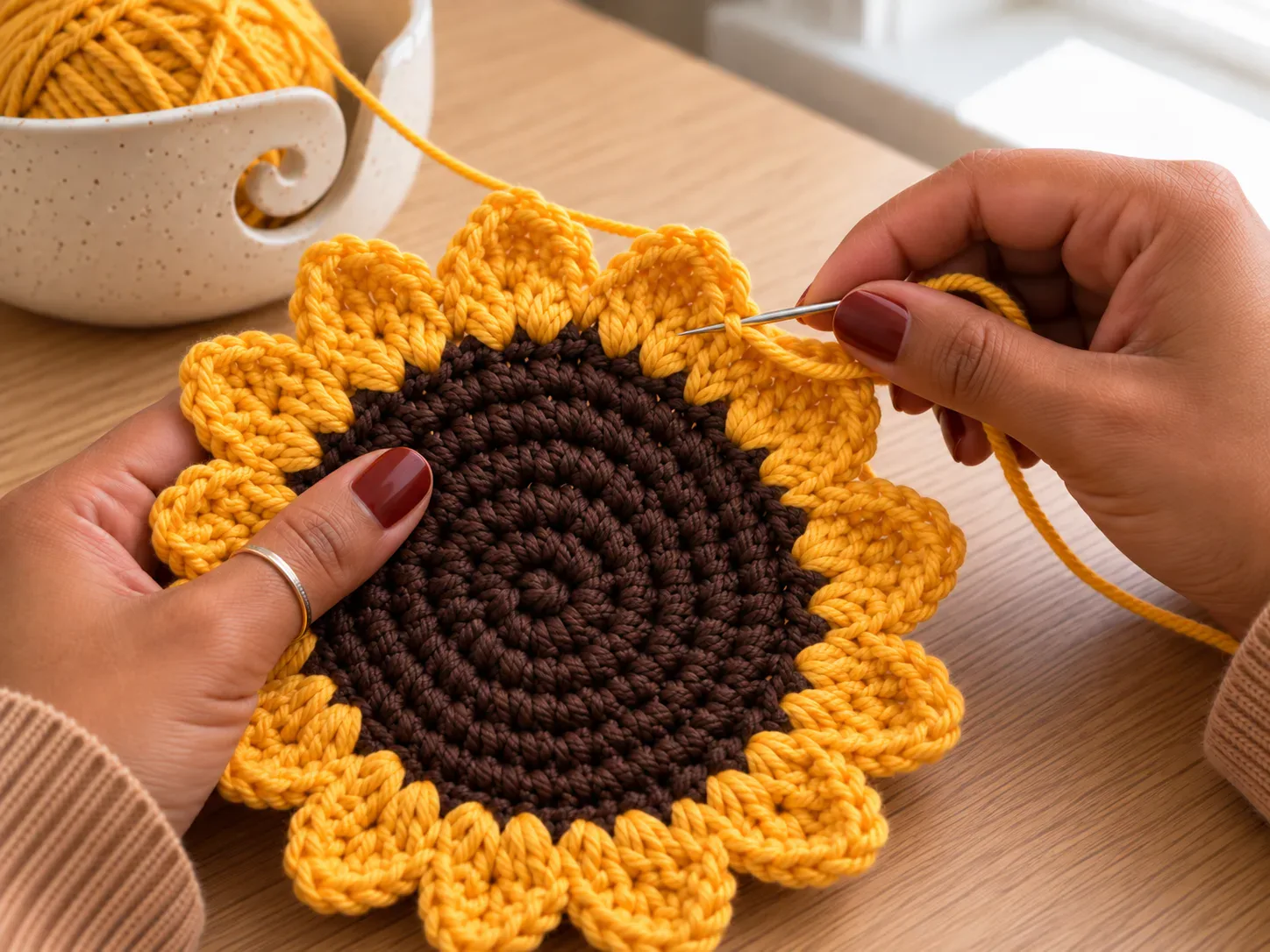 Sunflower Harvest Hot Pad: Stuff and close