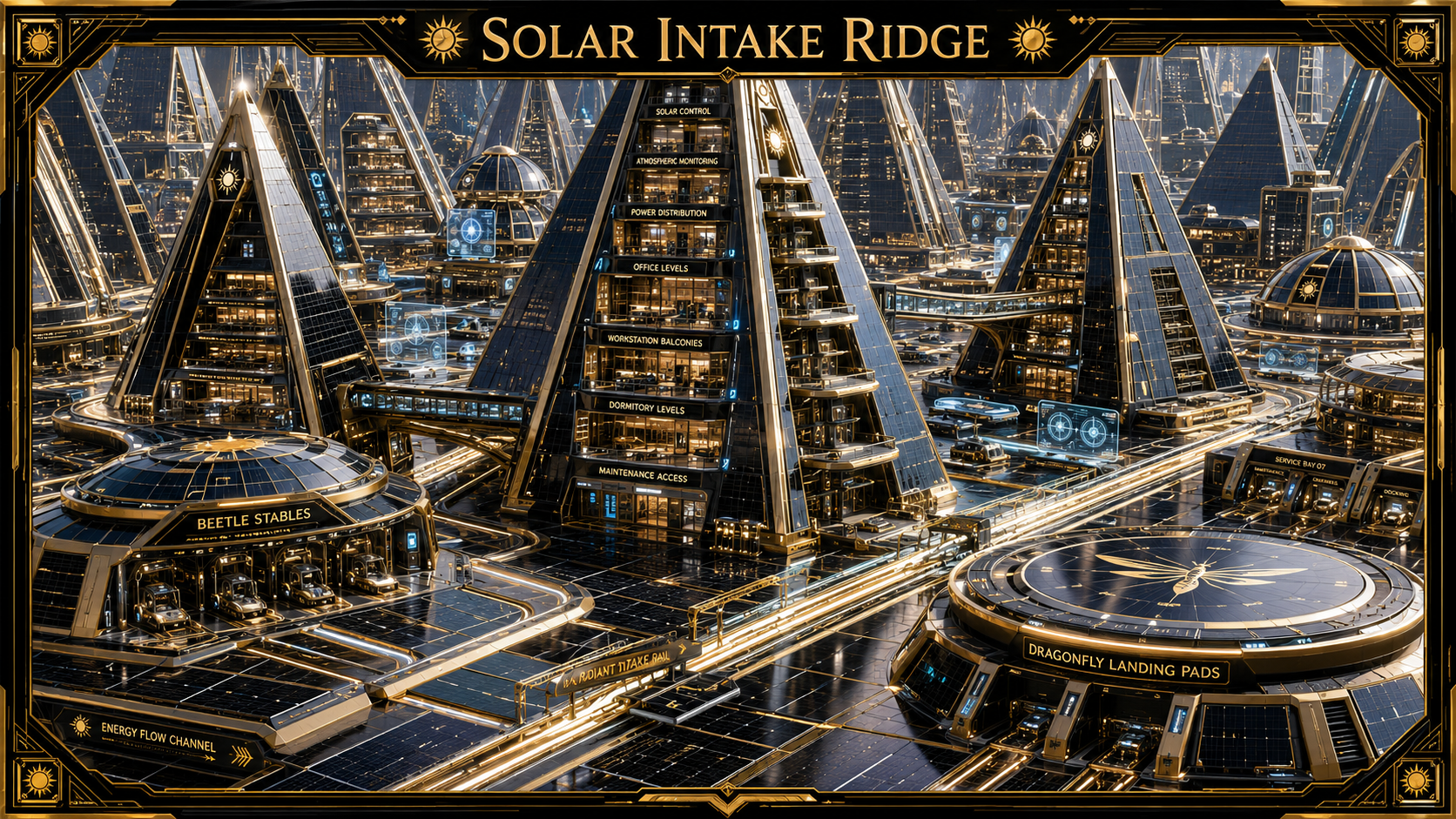 Solar Intake Ridge, a Skyward zone of black and gold solar-panel buildings, work towers, residences, beetle stables, dragonfly landing pads, and radiant intake rails
