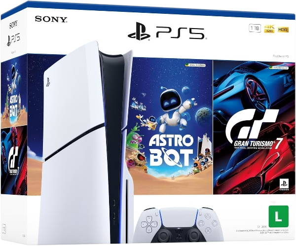 Console PlayStation 5 Slim Sony, PS5, Com Leitor de Discos, SSD 1TB, Com Controle Sem Fio DualSense, Branco + Jogos Astro Bot e Gran Turismo 7