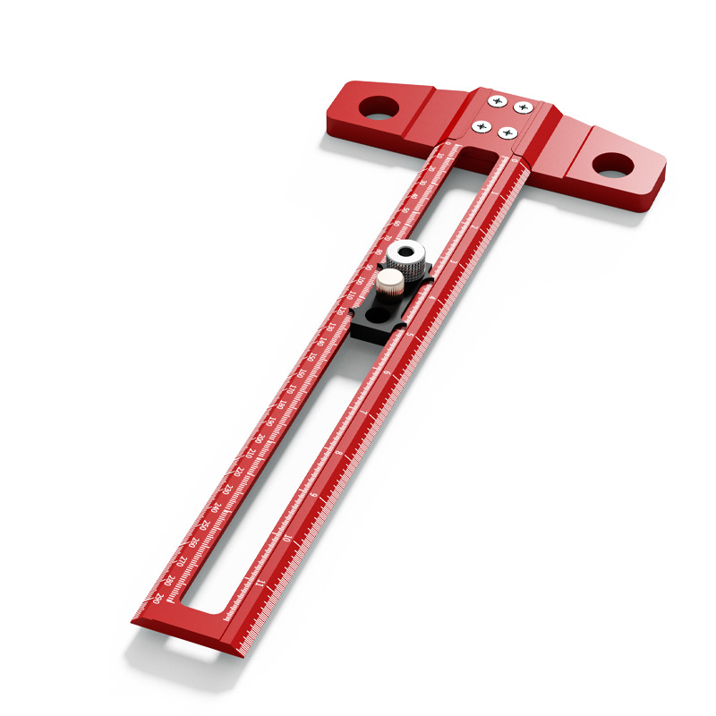 Red Multifunctional T-Square Ruler 0-400mm - Aluminium Alloy with Laser Engraved Scale - Interchangeable Drill Bushings, 90 Degree Marking & Drilling Guide for Woodworking, DIY and Carpentry