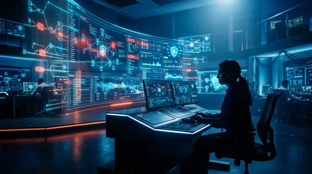 Security analyst facing glowing holographic threat displays in dark futuristic operations center