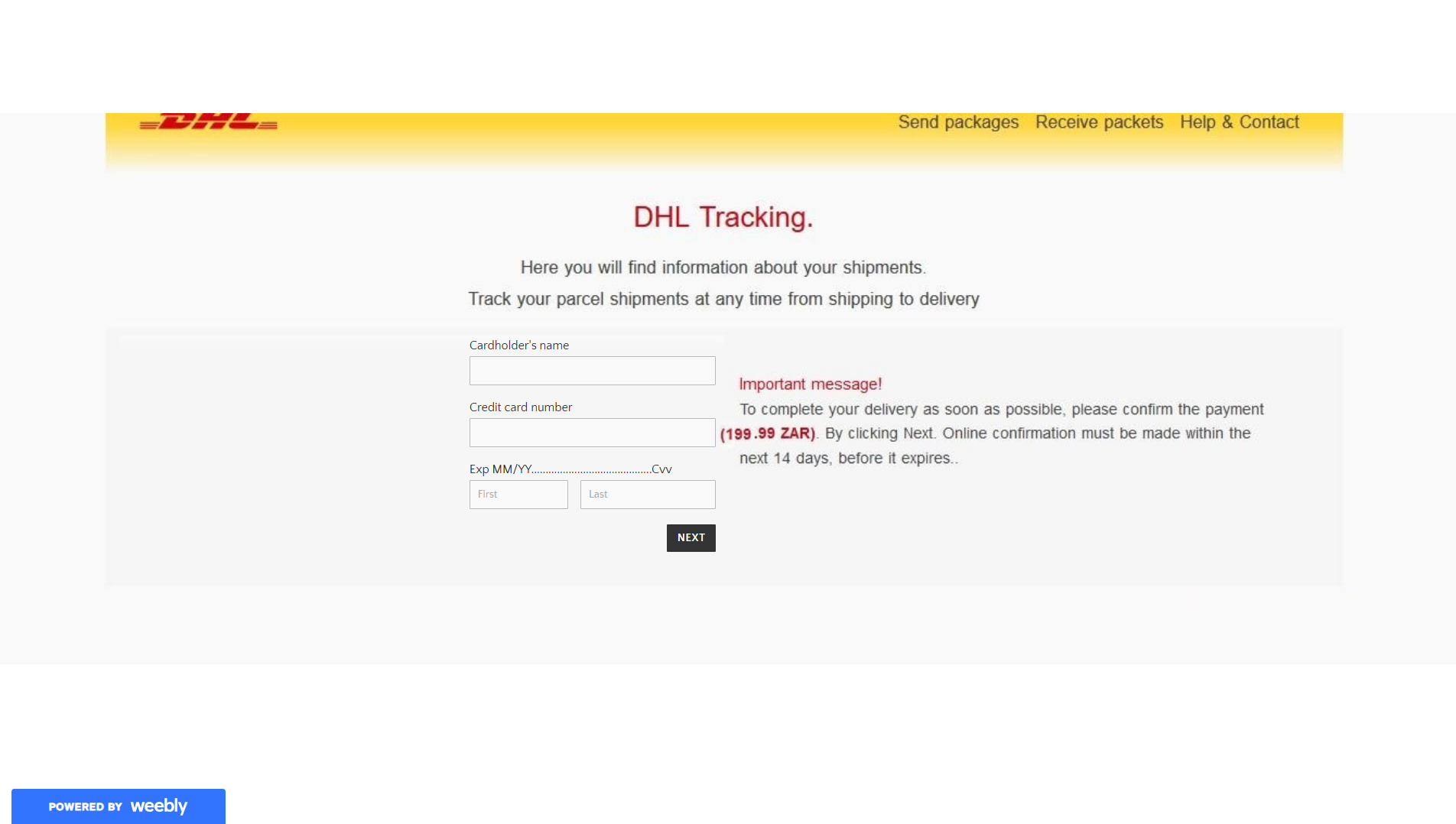 Forensic screenshot of dhlexpress-nl-en-track-trace-sign10.weebly.com showing the phishing page layout
