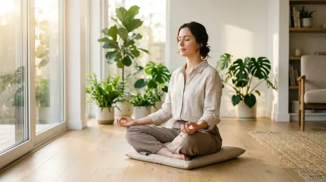Person meditating peacefully cross-legged in sunlit modern room, calm and focused