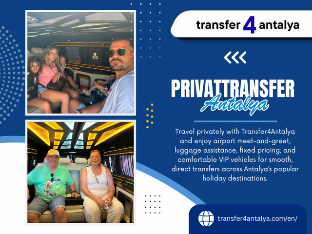 Every traveler has different expectations. Some people enjoy meeting new passengers, while others prefer having their own private space. A privattransfer antalya option gives visitors a more personal transportation experience. They can enjoy a quiet ride, discuss plans with their companions, or simply relax after arriving.

Address: Güzelyurt, 206. Sk. No:2, 07112 Aksu/Antalya
Phone: +905370463824

For More Information: https://transfer4antalya.com/en/

Read Our Blogs:
https://transfer4antalya.tumblr.com/
https://transfer4antalya.brushd.com/
https://transfer4antalya.medium.com/vip-taxi-antalya-051f9c47775f

Related Links:
https://c8ke.me/transfer4antalya
https://disqus.com/by/transfer4antalya/about/
https://www.blurb.com/user/transfer4ant