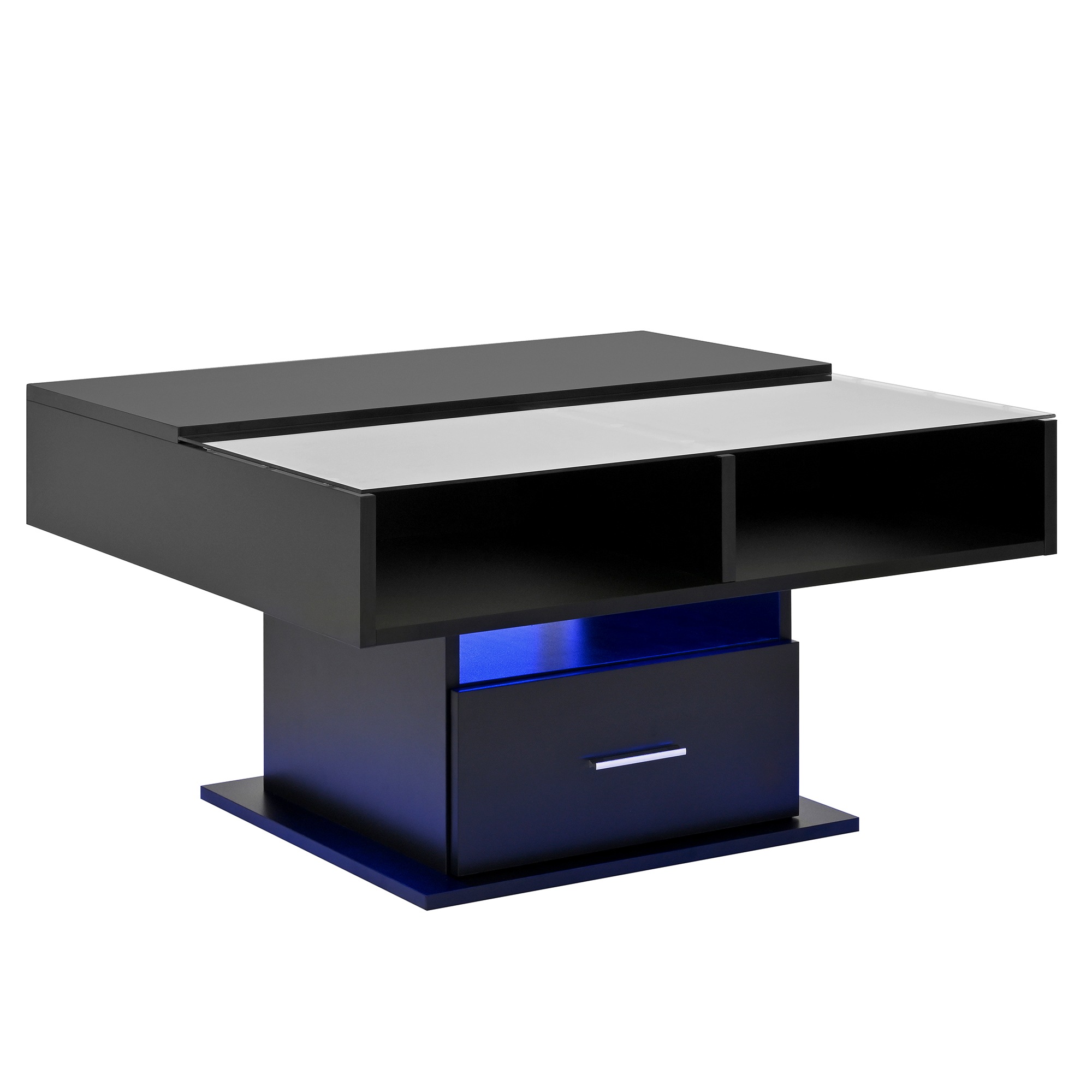 Table Basse Noir, Rangement, Éclairage LED, Gestion des Câbles, Portes Vitrées, Étagères Réglables - 78x78x45cm - Salon 6