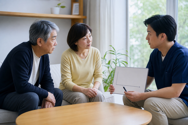 脳卒中後の歩行の見通しについて専門職から説明を受ける本人と家族