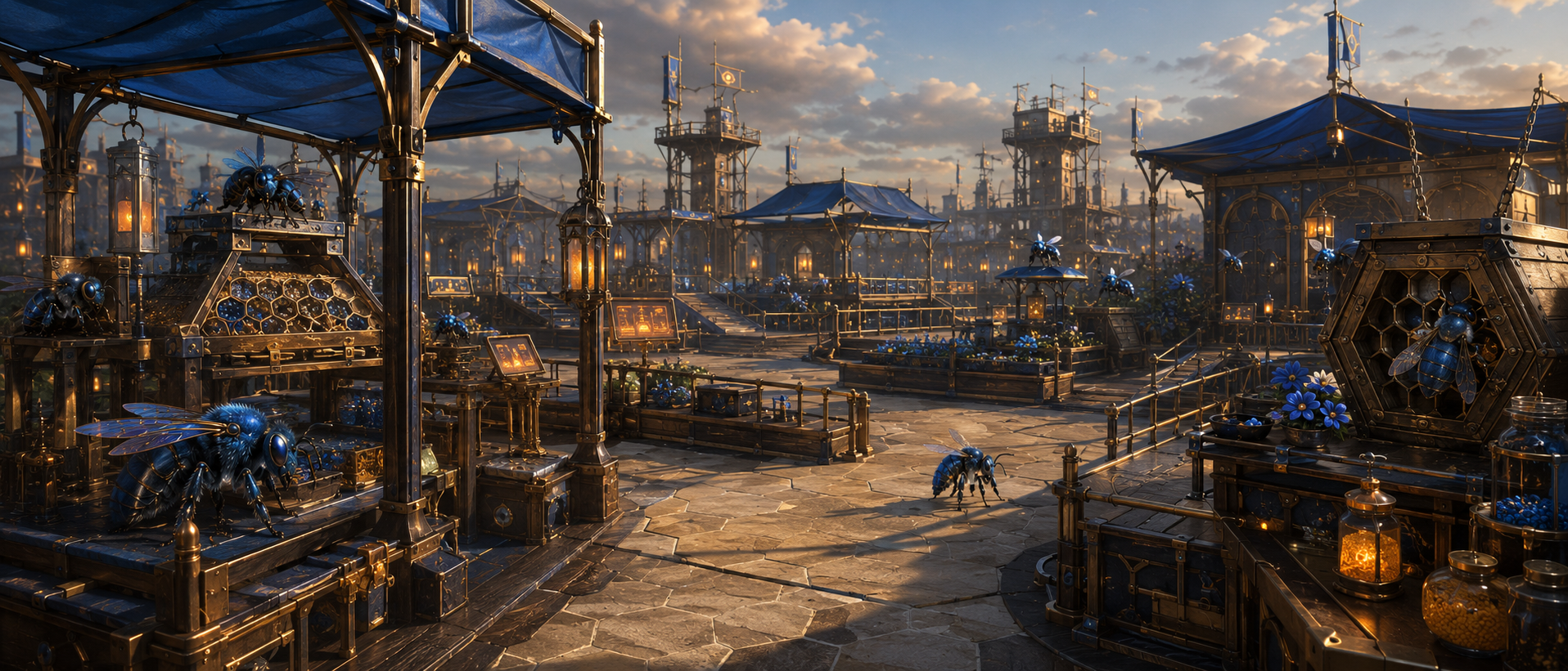 The Blue Docks, a Workyards Living Systems area with blue awnings, cerulean carpenter bees, hive platforms, and safe public routes.