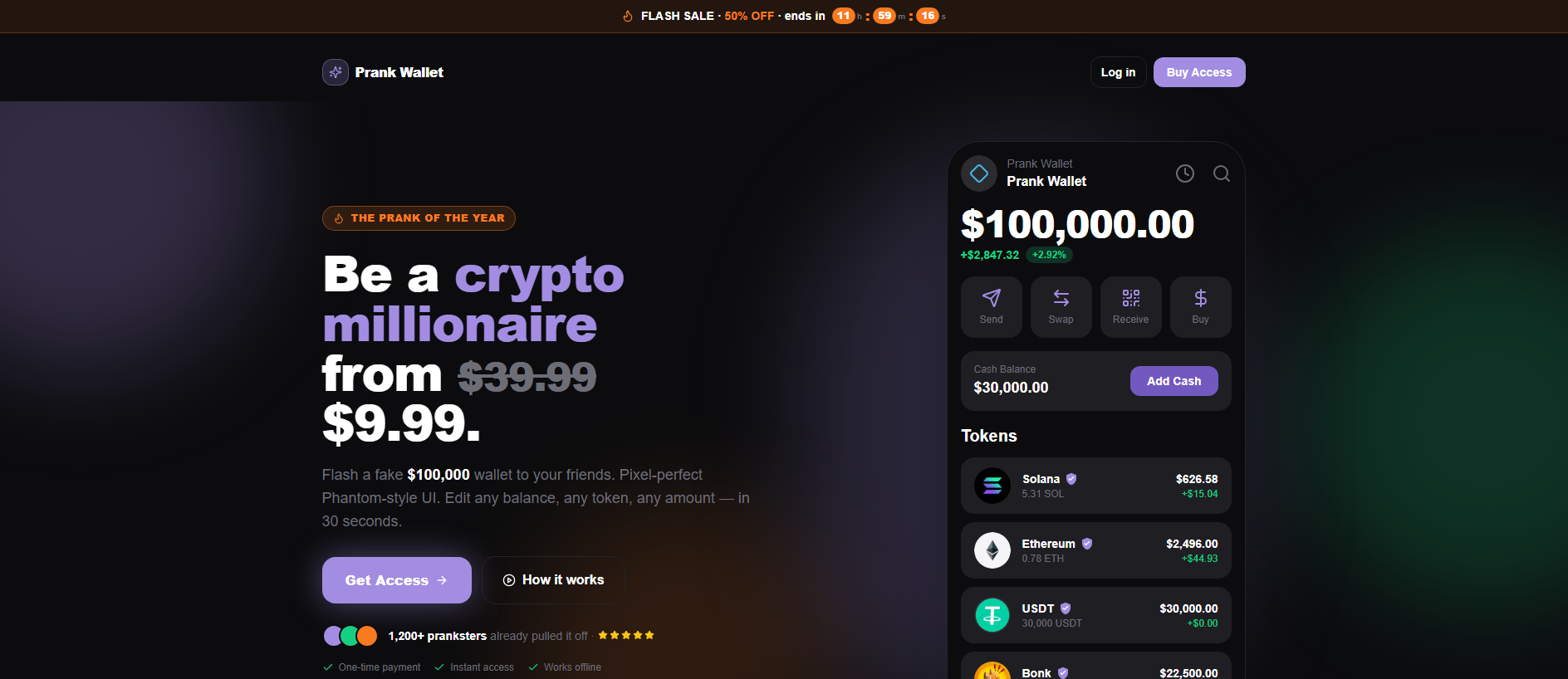 Forensic screenshot of prankwallet.com showing the phishing page layout