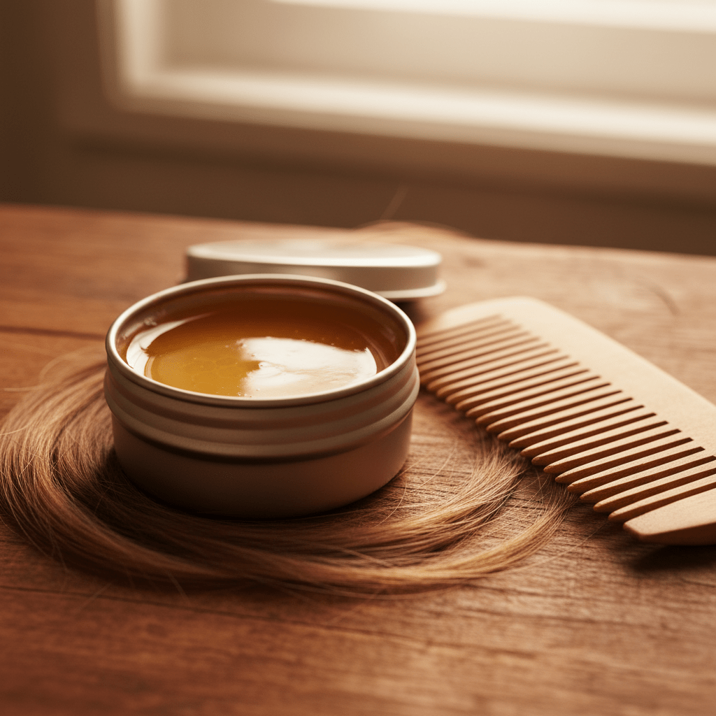A DIY hair care workspace with a double boiler, measuring scale, silicone spatula, and clean jars