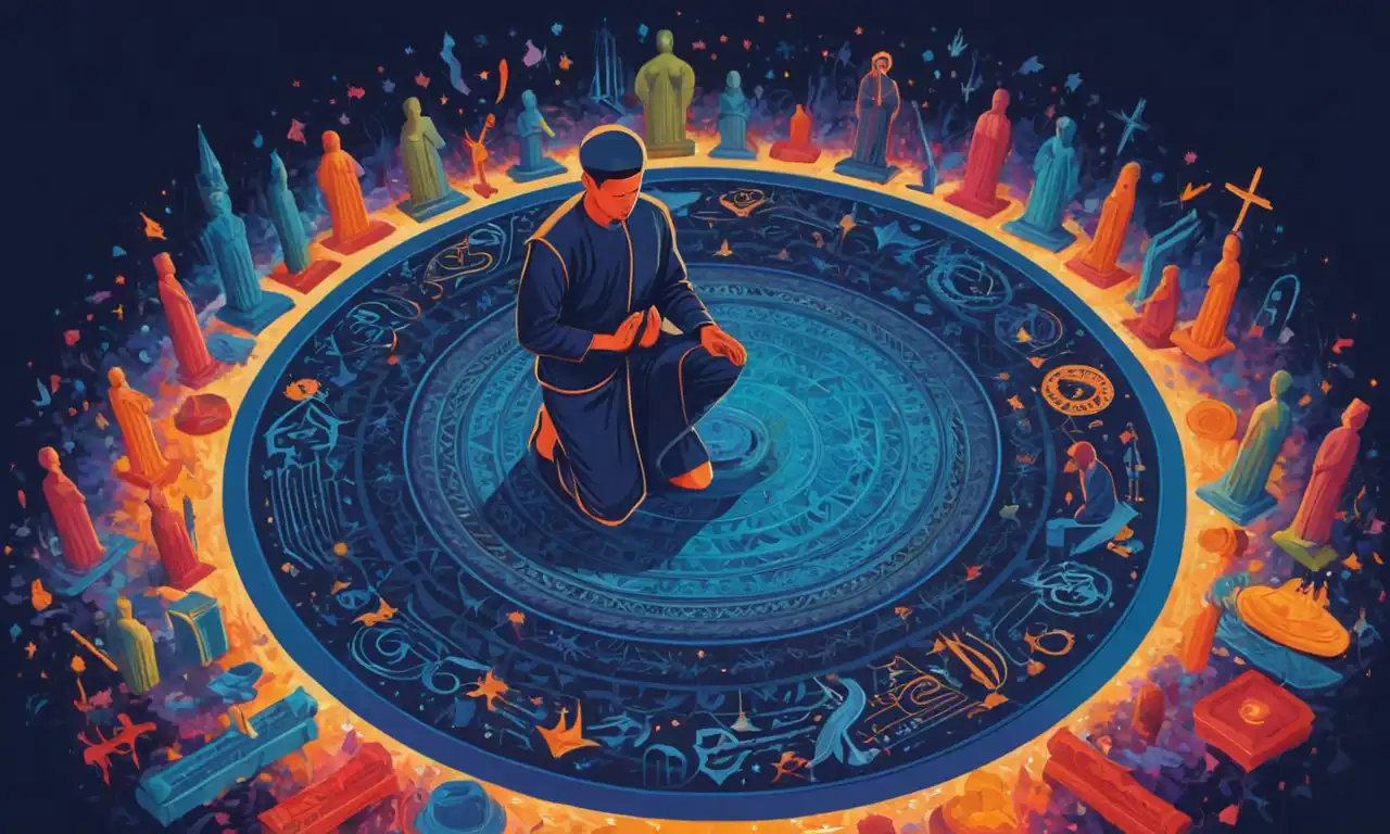 Una persona arrodillada en oración, rodeada de símbolos y pensamientos abstractos, representando la compleja relación entre fe, creencias y libertad personal.