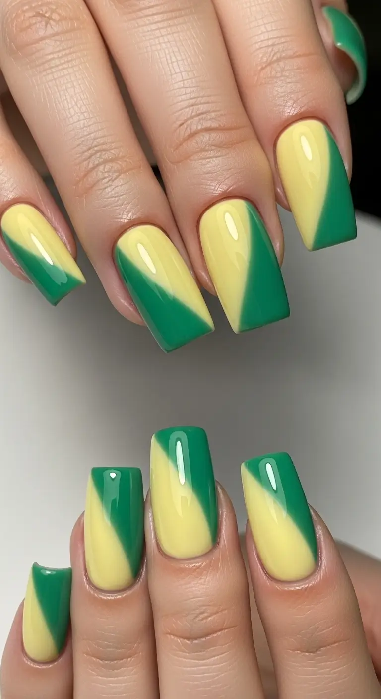 Jade Green and Butter Yellow Color Block Square Nails