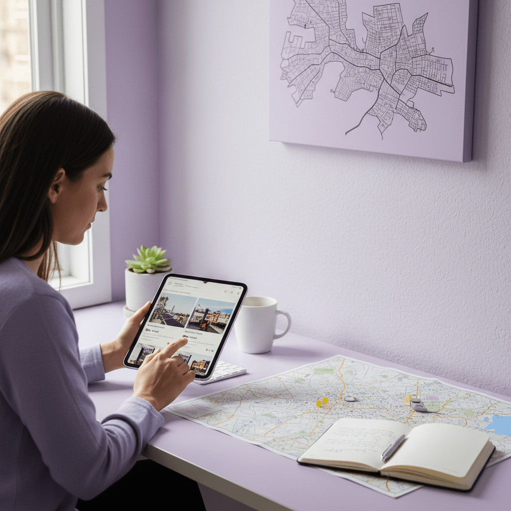 Host comparing similar Airbnb listings on a tablet beside a map and notebook