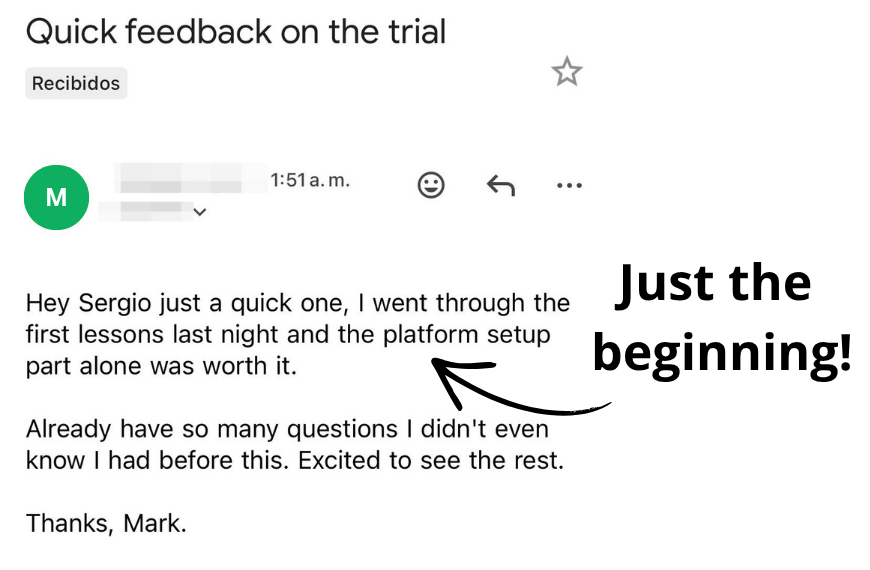 Email testimonial screenshot about getting the setup running quickly