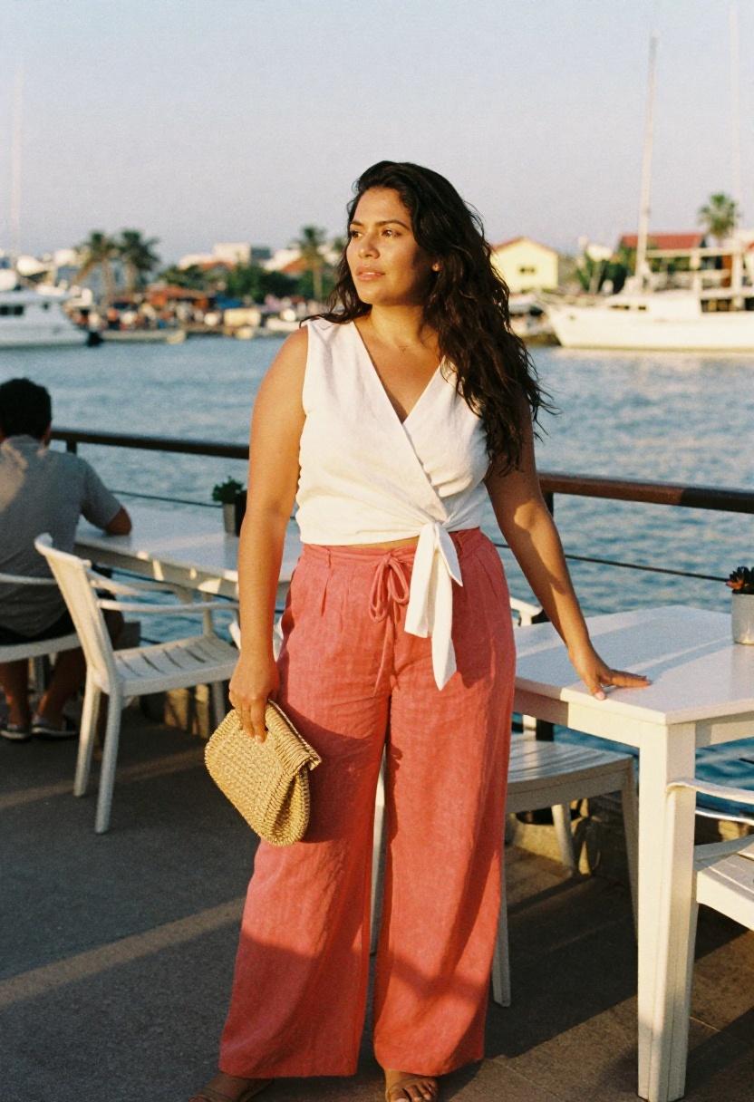 Coral wide-leg linen trousers with sleeveless white wrap top for waterfront evenings