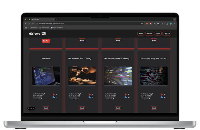 Articles screen displayed on a MacBook Pro