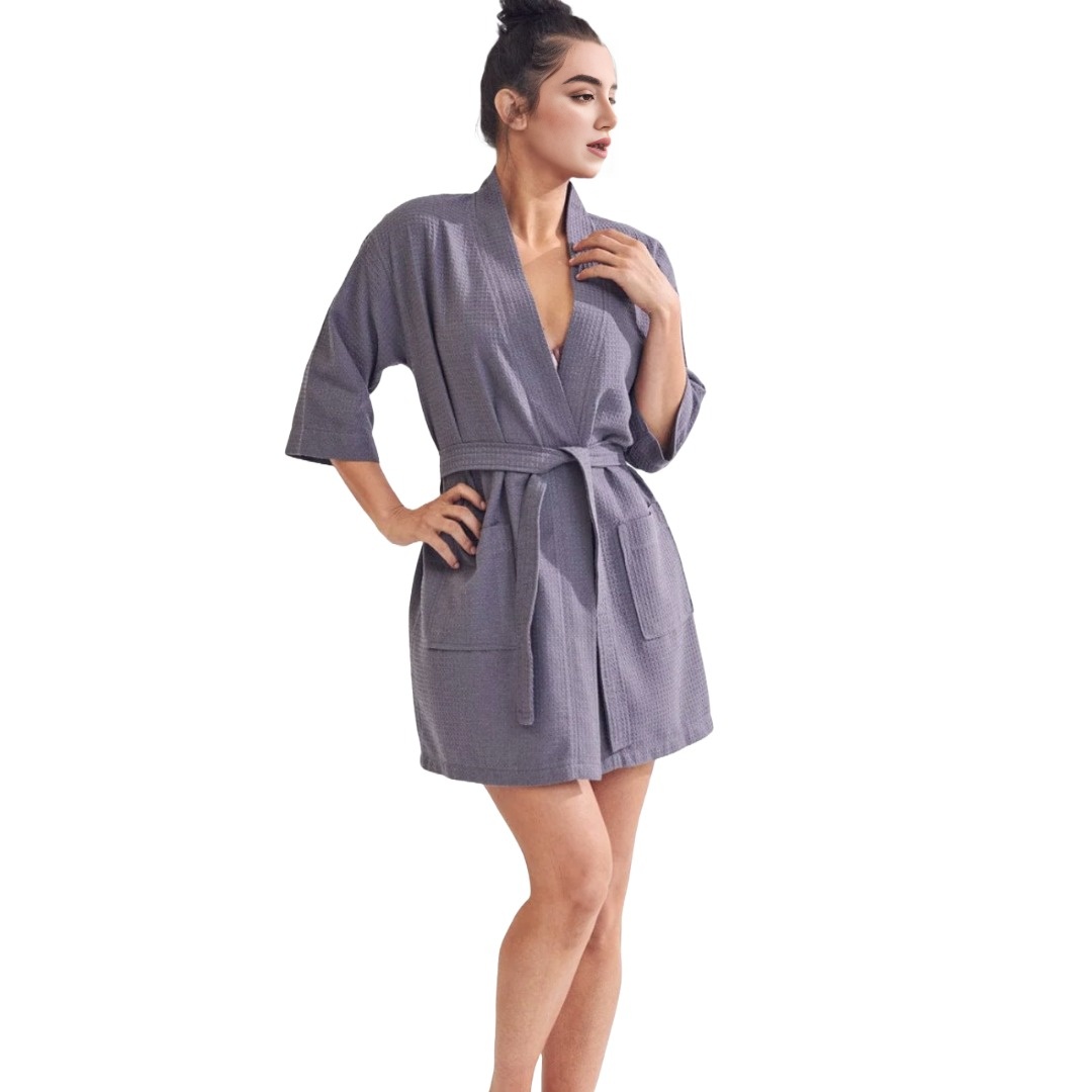 Women's Short Cotton Blend Waffle Kimono Gray Bathrobe (Small/Medium) view 2