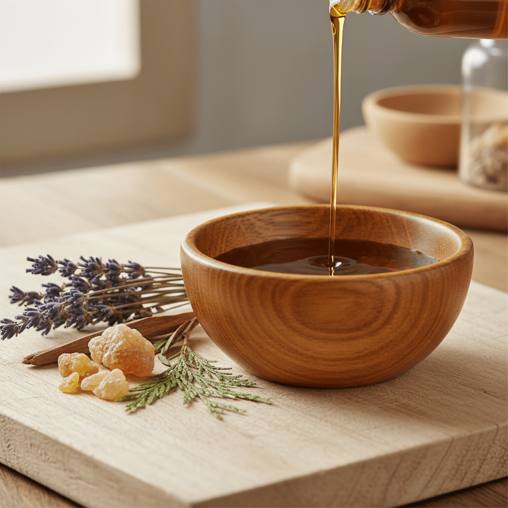 Amla seed oil blending with lavender, frankincense, and cedarwood for aromatherapy