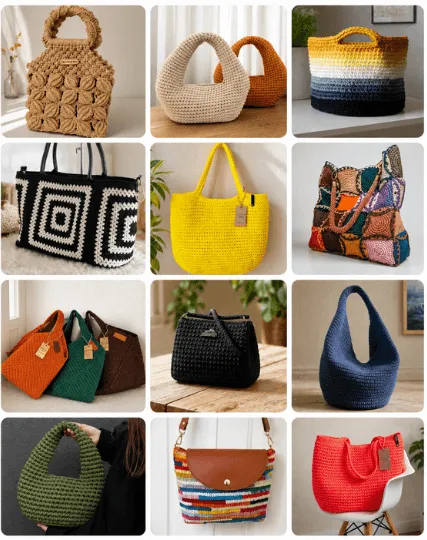 Mosaico con 20 a 30 modelos de bolsas de crochet