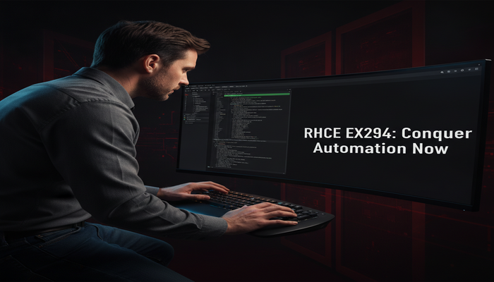 RHCE EX294: Conquer Automation Now A determined male IT professional, mid-30s, focused intently on a large screen displaying successful Red Hat Ansible automation code, symbolizing mastery and triumph over the RHCE EX294 exam challenge. The bold title 'RHCE EX294: Conquer Automation Now' is clearly visible on the screen.
