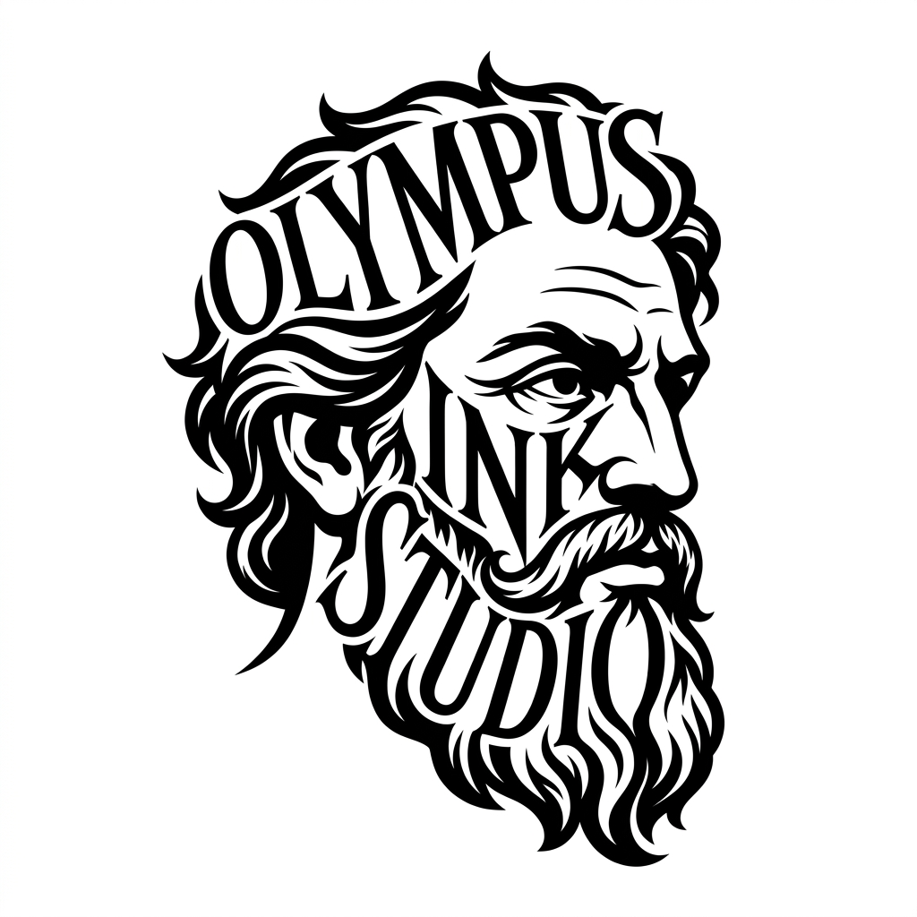 Retrato tipográfico do rosto de Zeus formado pelas palavras Olympus Ink Studio em fonte serifada clássica preta sobre fundo branco.