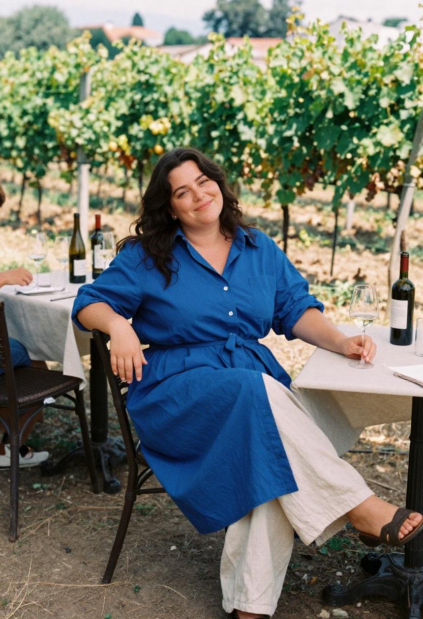 Cobalt blue button-down shirt dress belted over ivory linen trousers, relaxed vineyard lunch look