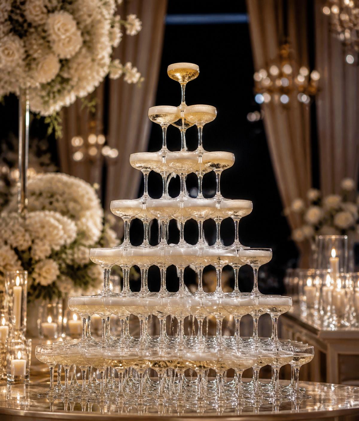 Multi-tier champagne coupe tower styled with florals