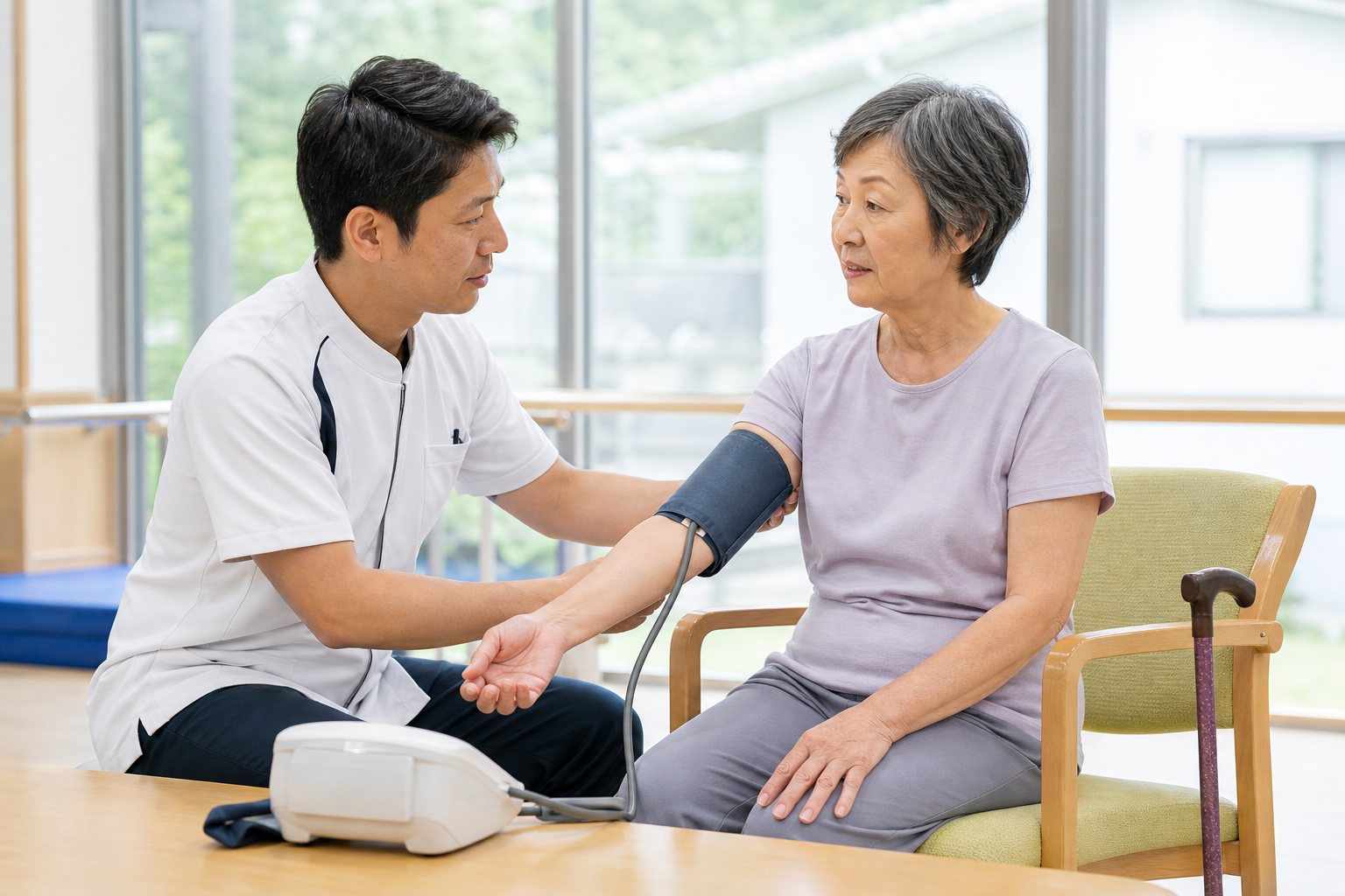 心血管疾患のある高齢者が運動前に専門職から血圧確認を受ける様子