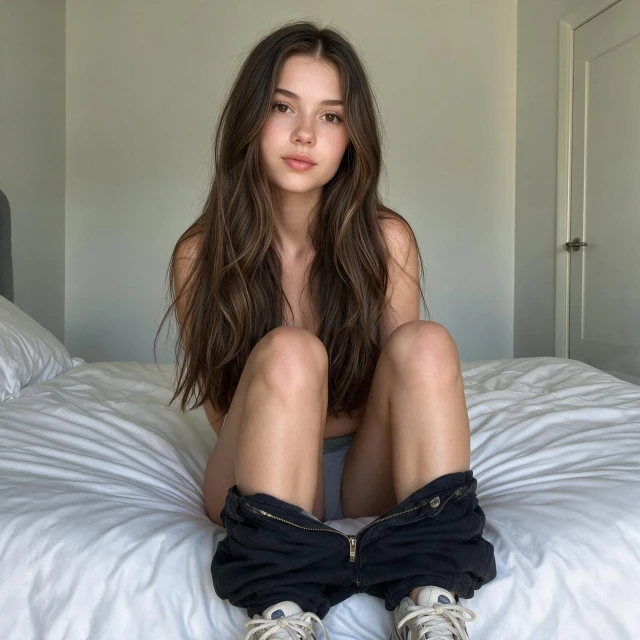 A woman with pants pulled down below knees with panty exposure, wearing sneakers, sitting in bed, realistic leg length
