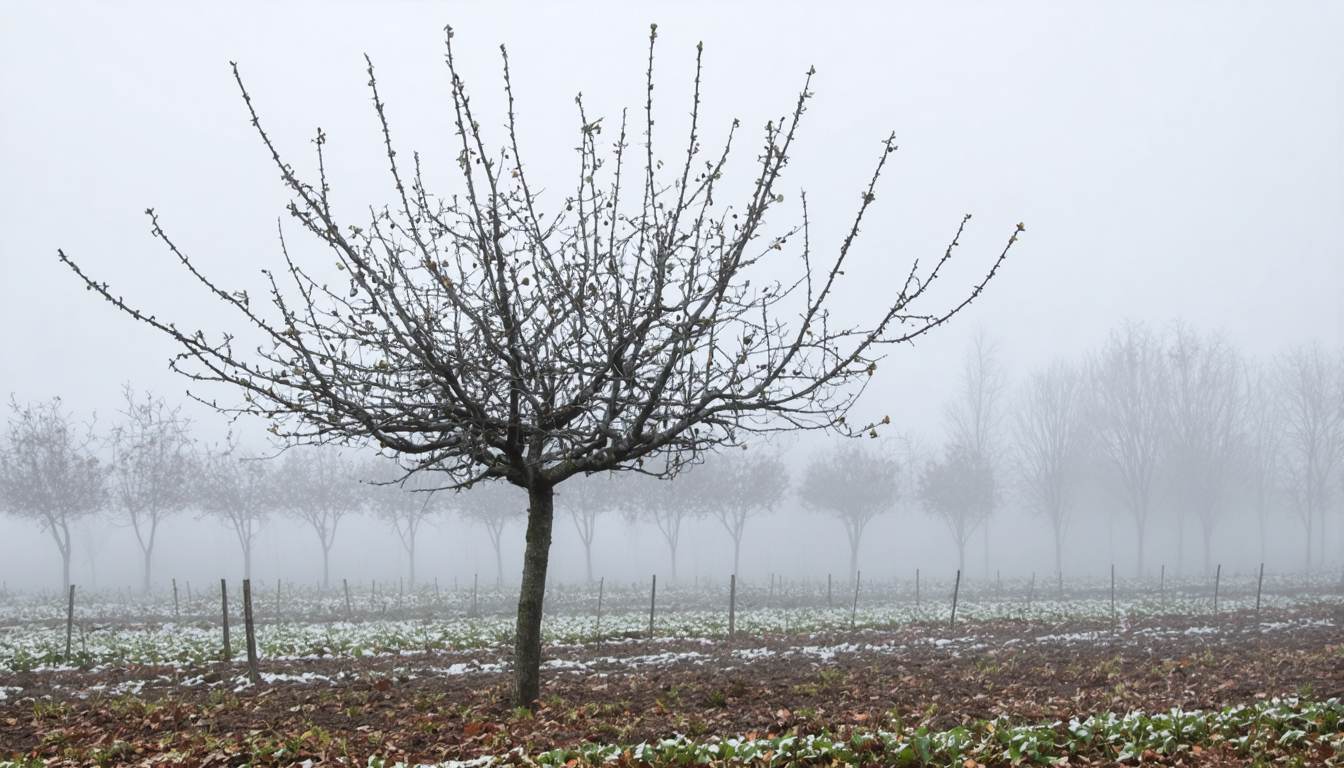 A single bare fruit tree in winter standing alone in a dormant orchard, its branches dark against an overcast sky.
