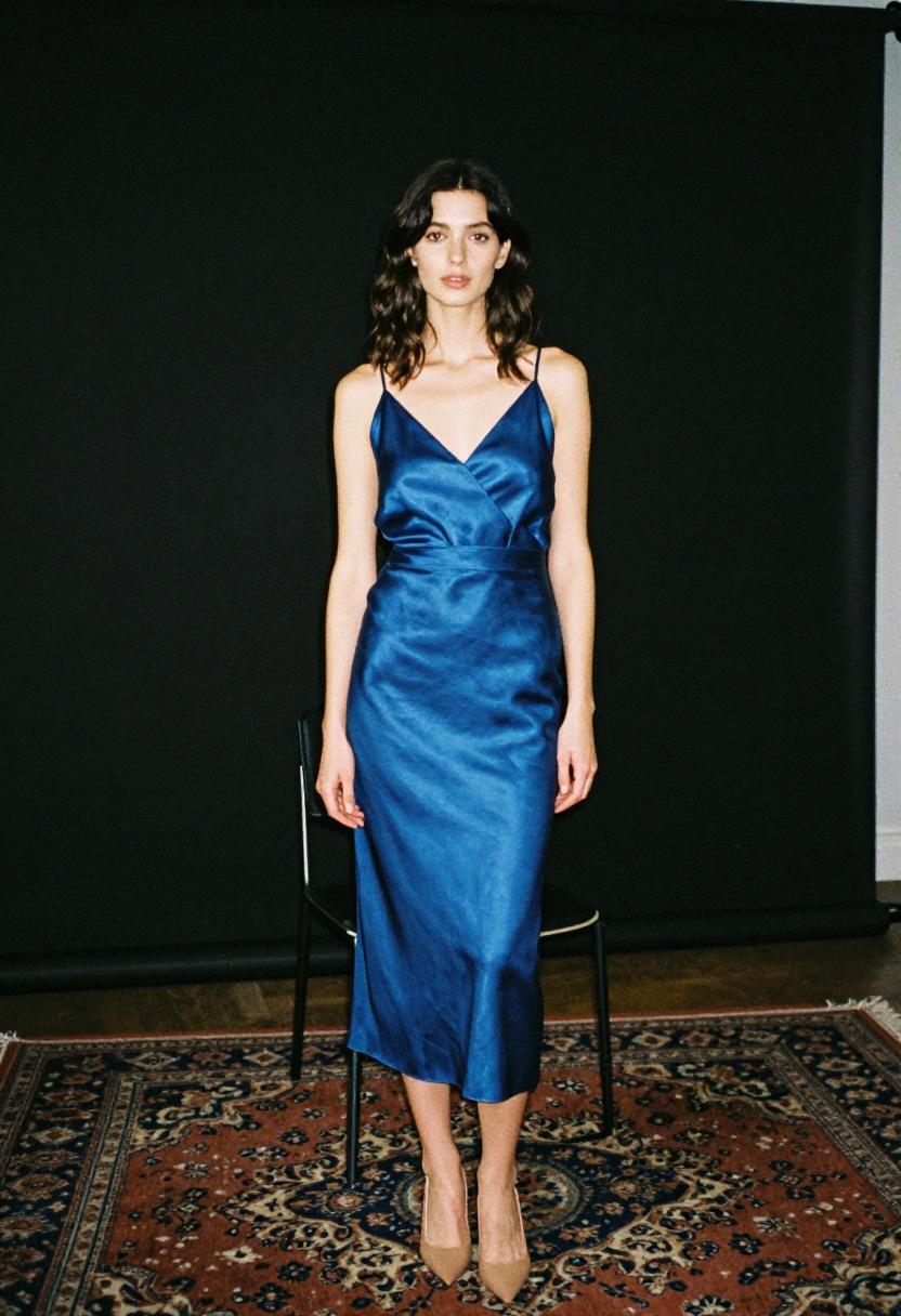 Cobalt satin midi dress with deep V-neckline for sophisticated watch party