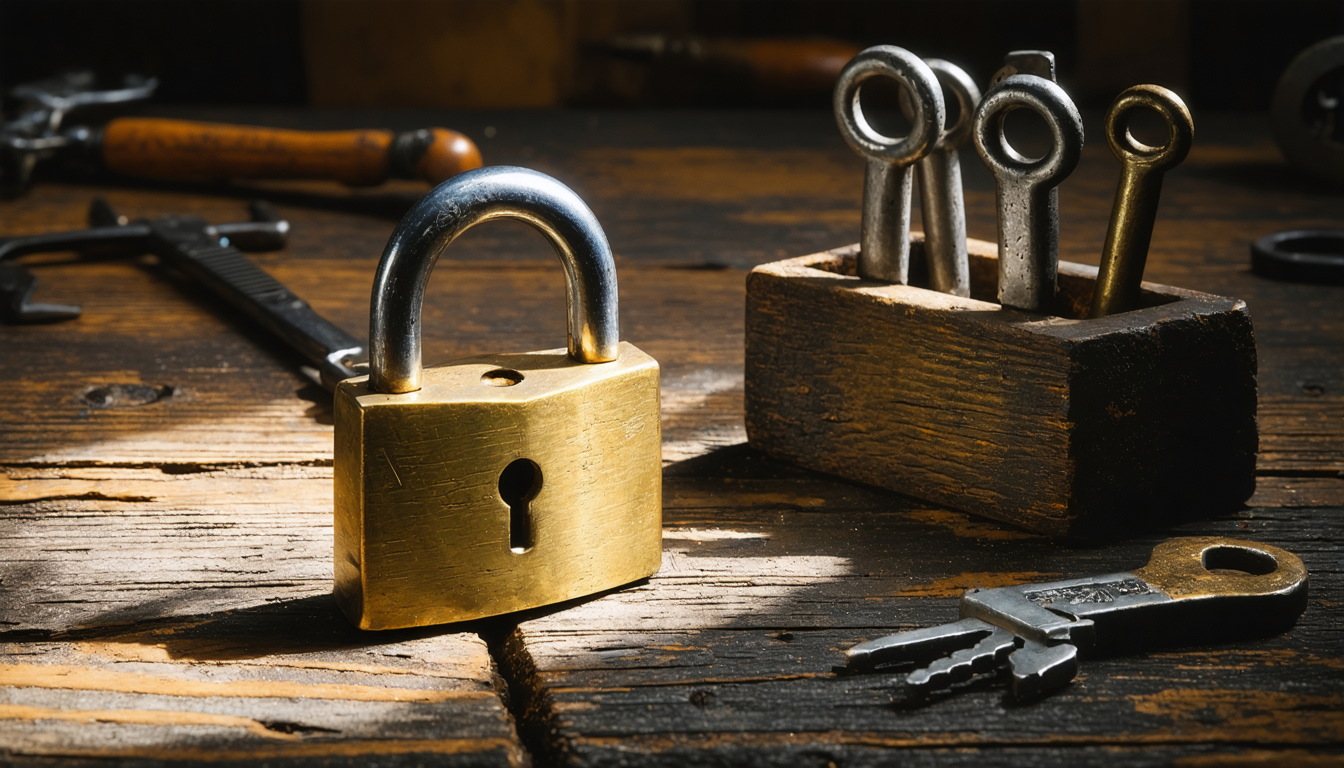 A vintage brass padlock sitting open on a worn wooden workbench next to locksmith's picks arranged in a neat row.