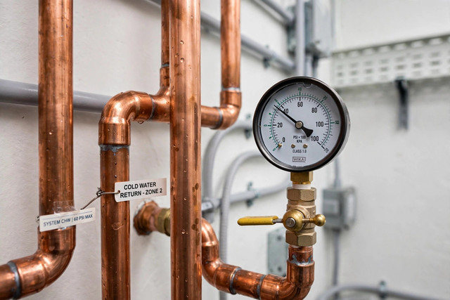 Copper pipes with pressure gauge