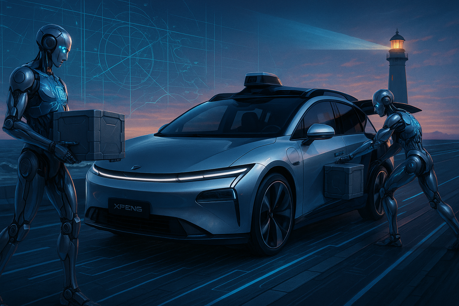 Illustration of Xpeng's upcoming robotaxis and humanoid robots powered by self-developed AI chips