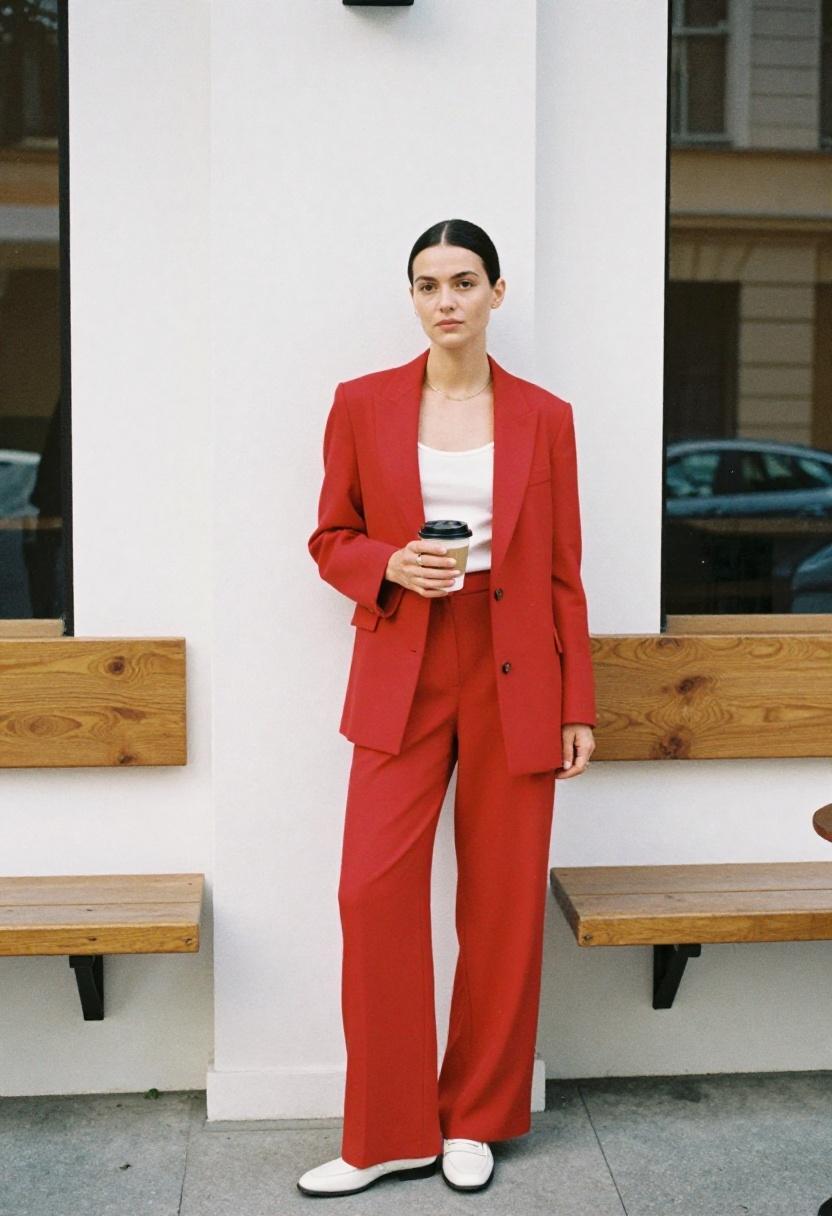 Cherry red wide-leg suit for striking museum day out