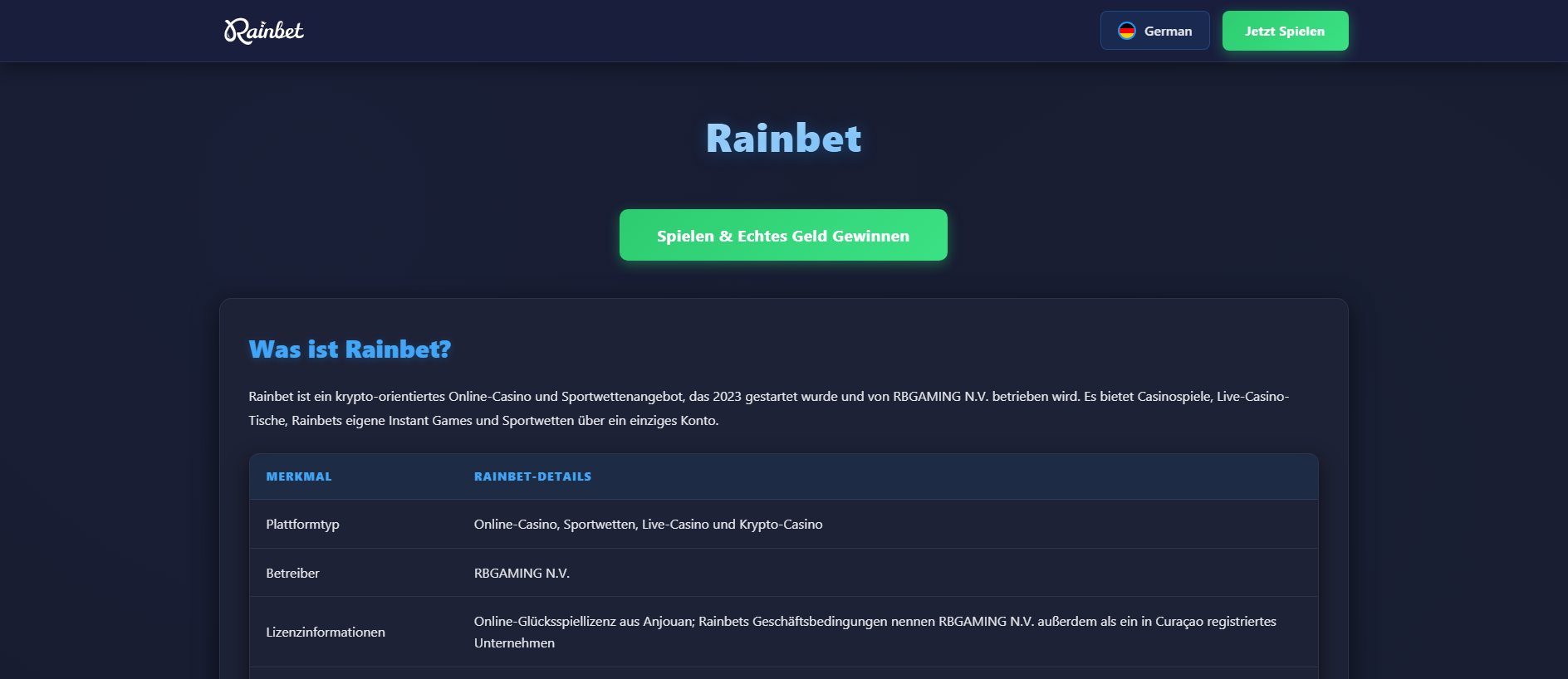 Forensic screenshot of rainbet24.de showing the phishing page layout